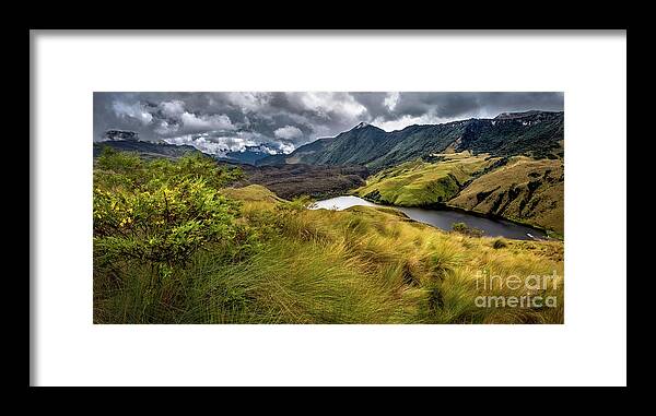 Tranquility Framed Print featuring the photograph Lake In Mountains, Condor Trek, Ecuador by Miguel Carvallo