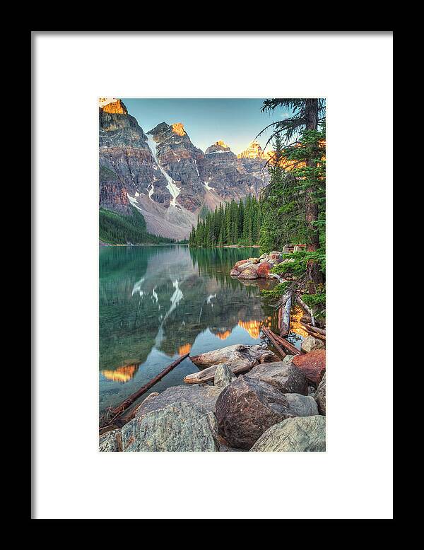 Scenics Framed Print featuring the photograph Lake Moraine Sunrise by Filippo Maria Bianchi