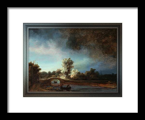 Landscape With A Stone Bridge Framed Print featuring the painting Landscape with a Stone Bridge by Rembrandt van Rijn by Rolando Burbon