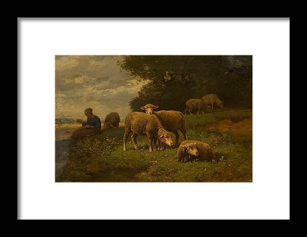 19th Century Art Framed Print featuring the painting Landscape with Sheep and Shepherdess by Charles Jacque