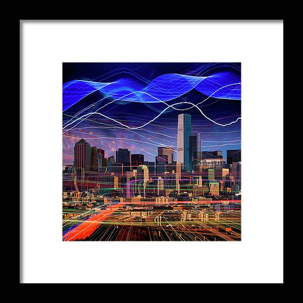 Internet Framed Print featuring the photograph Light Trails In Sky Around City by John M Lund Photography Inc