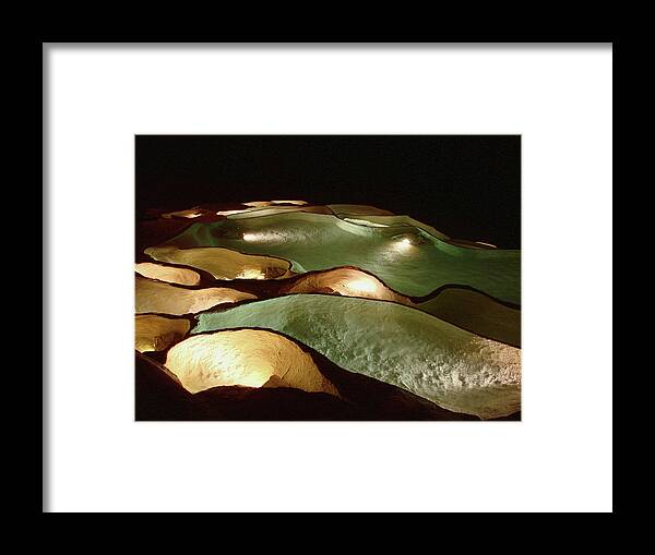 Pools Framed Print featuring the photograph Light up the Dark - Lit natural rock water basins in underground cave by Menega Sabidussi