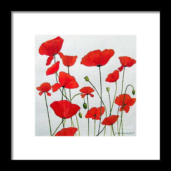 Red Framed Print featuring the painting Litter of Poppies by Jackie Mueller-Jones
