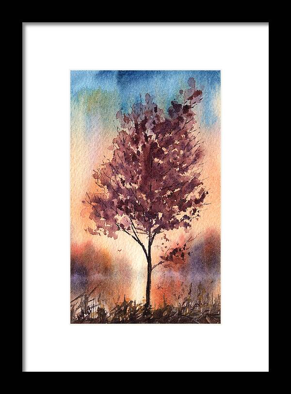 Watercolor Sunset Framed Print featuring the painting Little Zen Tree 2090 by Sean Seal