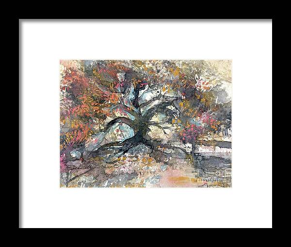 Impressionistic Floral Landscape Louisiana Watercolor Abstract Impressionism Water Bayou Lake Verret Blue Set Design Iris Abstract Painting Abstract Landscape Purple Trees Fishing Painting Bayou Scene Cypress Trees Swamp Bloom Elegant Flower Watercolor Coastal Bird Water Bird Interior Design Imaginative Landscape Oak Tree Louisiana Abstract Impressionism Set Design Fort Worth Texas Framed Print featuring the painting LiveCoral by Francelle Theriot