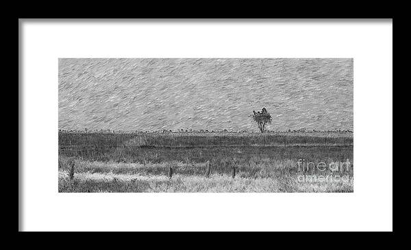 Tree Framed Print featuring the mixed media Lonely Tree Pano Painterly Grayscale by Jennifer White