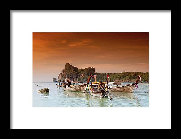 Phi Phi Don Framed Print featuring the photograph Longboats In The Afternoon Glow by Flash Parker