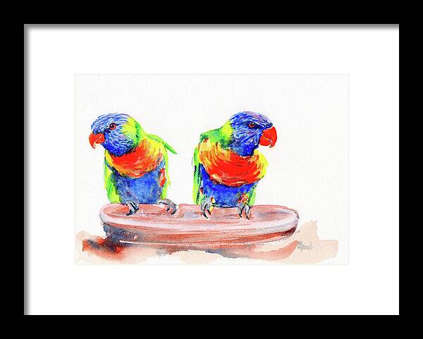 Australian Lorikeets Painting Framed Print featuring the painting Lookout mates lorikeet bird painting by Chris Hobel