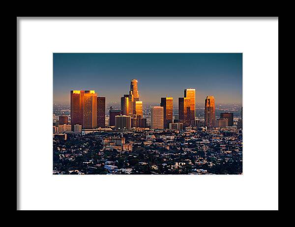 Scenics Framed Print featuring the photograph Los Angeles Skyline At Sunset Thru Smog by Dszc