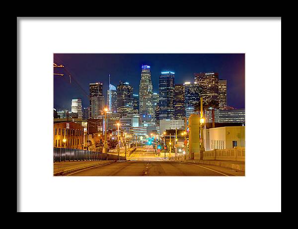 Los Angeles Skyline Framed Print featuring the photograph Los Angeles Skyline NIGHT from the East by Jon Holiday