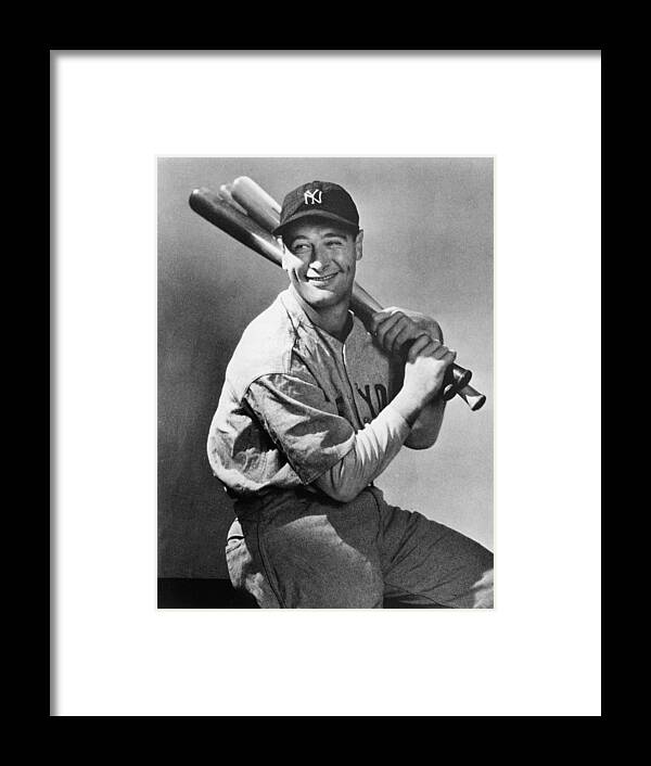 People Framed Print featuring the photograph Lou Gehrig Holding Three Baseball Bats by Pictorial Parade