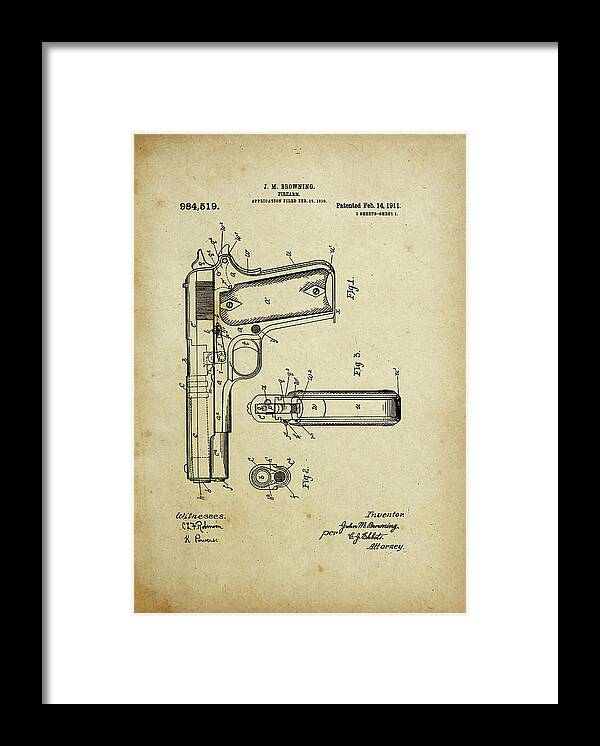 Firearm Framed Print featuring the digital art M1911 Browning Pistol Patent by Pheasant Run Gallery