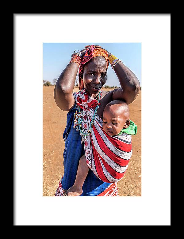 Africa Framed Print featuring the photograph Maasai Woman and Baby by Betty Eich