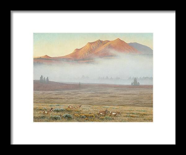 Caribou Grazing In A Field With Mountain Range Behind Them Framed Print featuring the painting Mackenzie Passage by Michael Budden