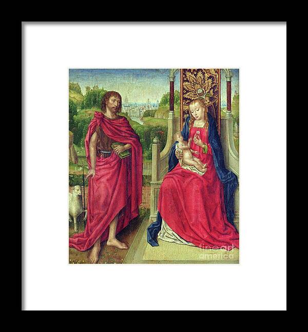Lamb Framed Print featuring the painting Madonna And Child With St. John The Baptist, C.1480-90 by Master Of The Legend Of St. Ursula