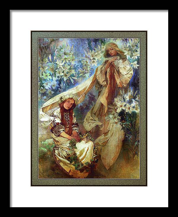Madonna Of The Lilies Framed Print featuring the painting Madonna of the Lilies by Alphonse Mucha by Rolando Burbon
