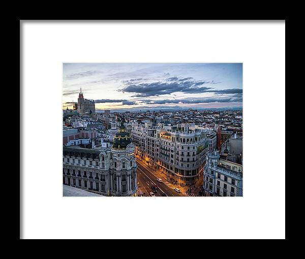 Outdoors Framed Print featuring the photograph Madrid Skyline, Gran Vía At Dusk by Andy Sotiriou