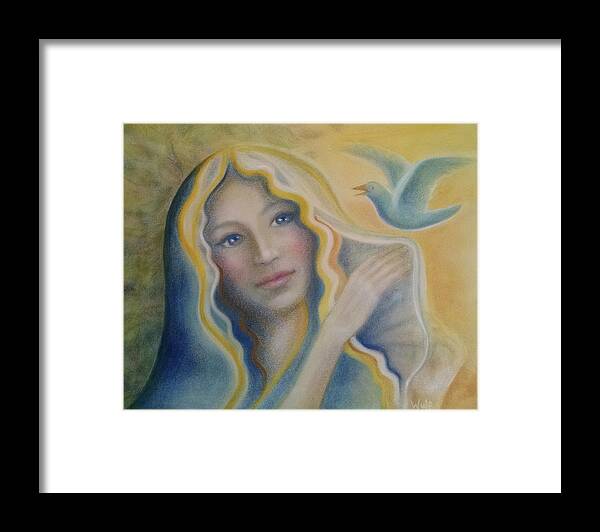 Goddess Framed Print featuring the painting Maiden and Bluebird by Bernadette Wulf