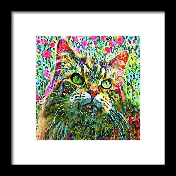 Maine Coon Cat Framed Print featuring the digital art Maine Coon Cat in the Garden by Peggy Collins