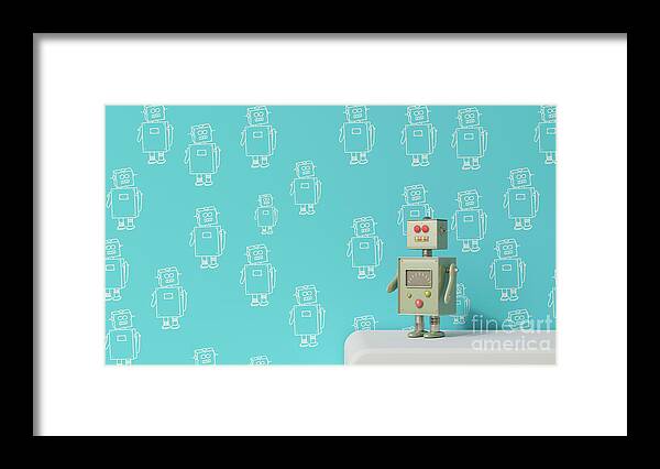 Sideboard Framed Print featuring the digital art Male Robot On Sideboard In Front by Westend61