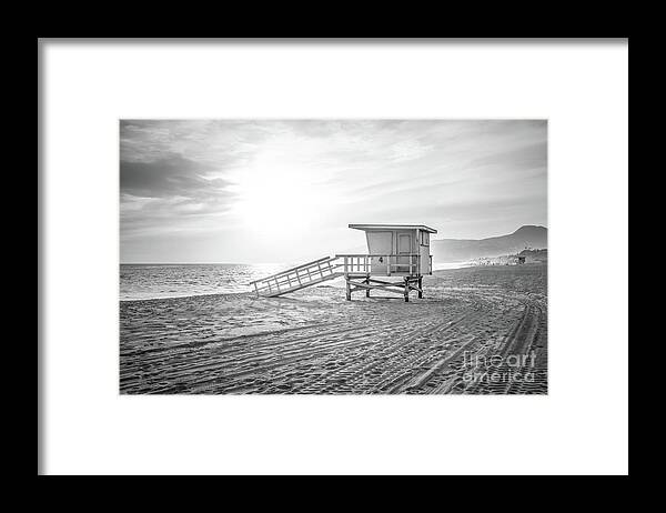 America Framed Print featuring the photograph Malibu Zuma Beach Lifeguard Tower #4 Sunset in Black and White by Paul Velgos
