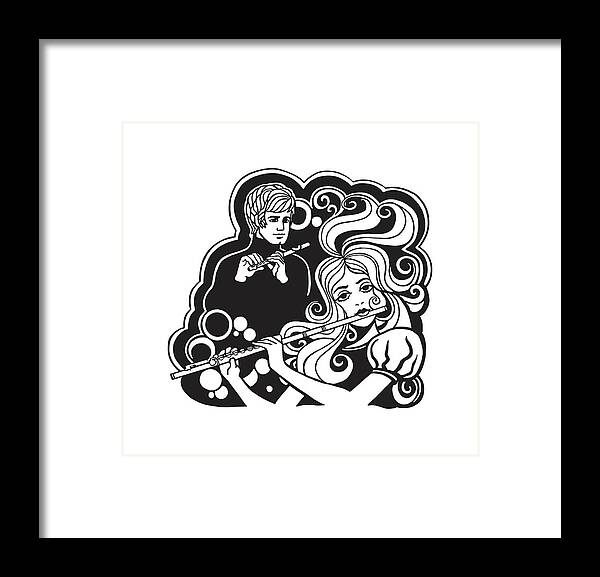 Adult Framed Print featuring the drawing Man and Woman Playing Flutes by CSA Images