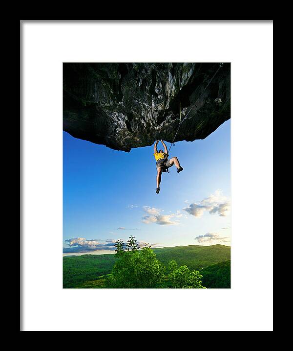 Hanging Framed Print featuring the photograph Man Climbing Overhanging Rock, Low by Tyler Stableford
