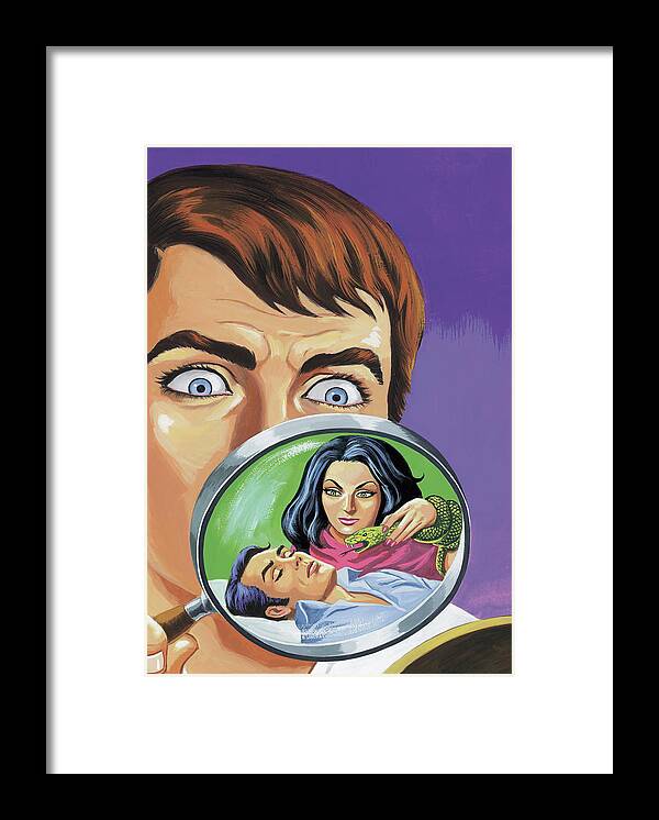 Afraid Framed Print featuring the drawing Man Looking Through Magnifying Glass by CSA Images