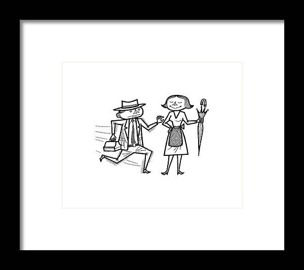 Accessories Framed Print featuring the drawing Man Racing to Wife to Grab Umbrella by CSA Images