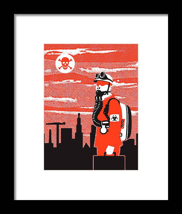 Air Quality Framed Print featuring the drawing Man with gas mask in toxic city by CSA Images