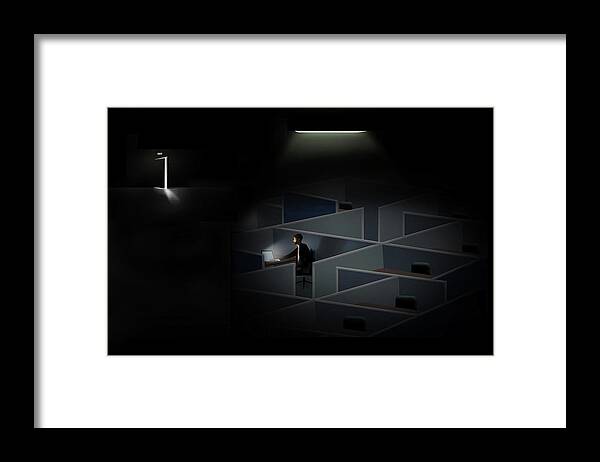 30-35 Framed Print featuring the photograph Man Working Alone At Night In Office by Ikon Images