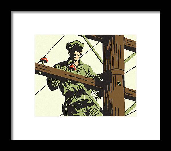 Adult Framed Print featuring the drawing Man Working on a Power Line by CSA Images
