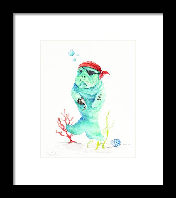 Pirate Framed Print featuring the painting Manatee Pirate by Lanie Loreth