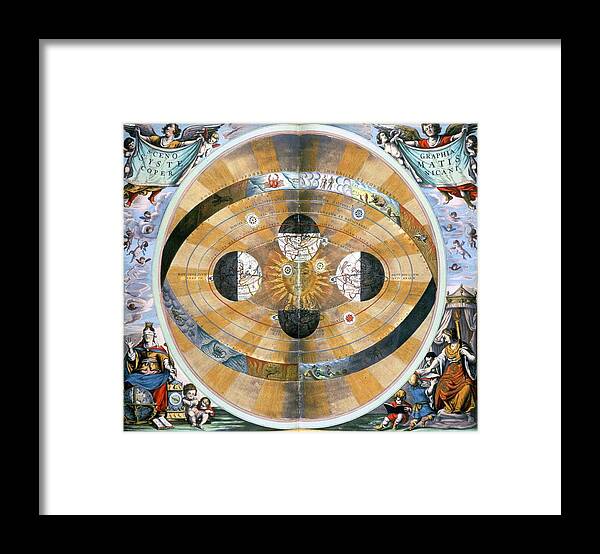 Nicolaus Copernicus Framed Print featuring the painting Map of heavens earth showing theory of earth planets and zodiac, c.1543 by Nicholas Copernicus. by Album