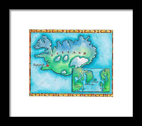 Watercolor Painting Framed Print featuring the digital art Map Of Iceland by Jennifer Thermes