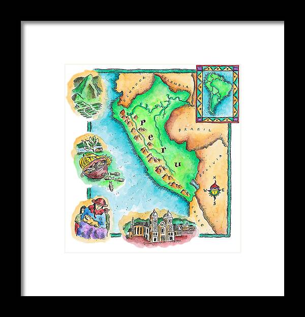 Watercolor Painting Framed Print featuring the digital art Map Of Peru by Jennifer Thermes
