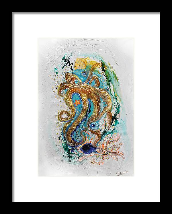 Sea Life Framed Print featuring the painting Mare Nostrum #3. The golden octopus by Elena Kotliarker