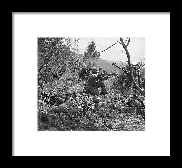 People Framed Print featuring the photograph Marine Fighters On Saipan by Bettmann