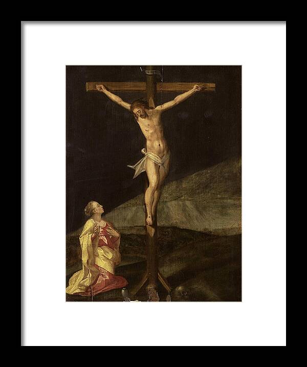Christ Framed Print featuring the painting Mary Magdalene at the foot of the cross, ca 1610 by Vincent Monozlay