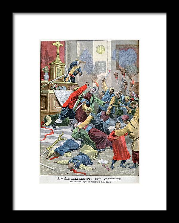 Engraving Framed Print featuring the drawing Massacre In The Church Of Moukden by Print Collector