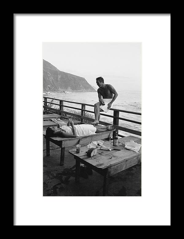 Steve Mcqueen - Actor Framed Print featuring the photograph McQueen & Adams Relax In Big Sur by John Dominis