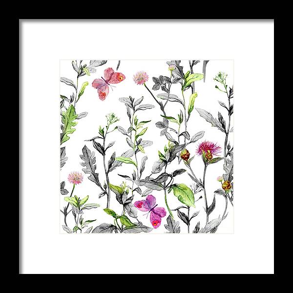 Watercolor Painting Framed Print featuring the digital art Meadow Flowers. Seamless Herbal by Zzorik