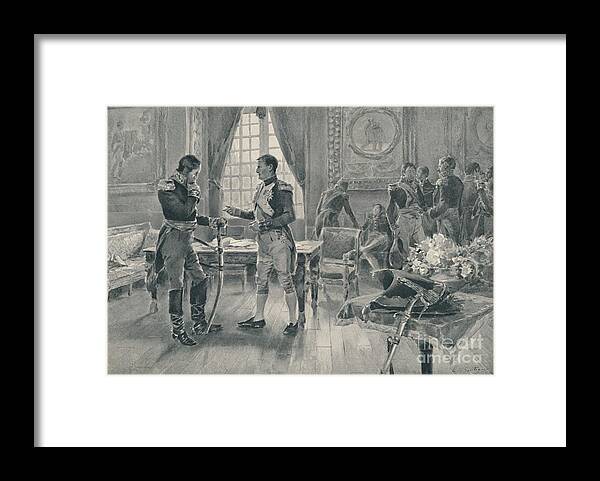 Engraving Framed Print featuring the drawing Meeting Of Napoleon And Tolstoi In Paris by Print Collector