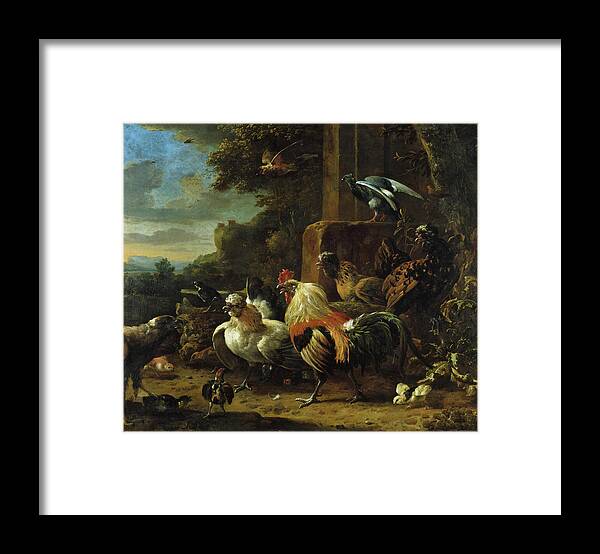 Canvas Framed Print featuring the painting Melchior de Hondecoeter -Utrecht, 1636-Amsterdam, 1695-. Landscape with Poultry and Birds of Prey... by Melchior d' Hondecoeter -c 1636-1695-