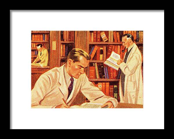 Academic Framed Print featuring the drawing Men Doing Research in Library by CSA Images
