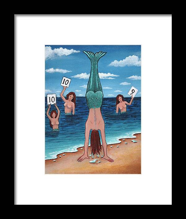 Mermaids Framed Print featuring the painting Mermaid Handstand Contest by James RODERICK