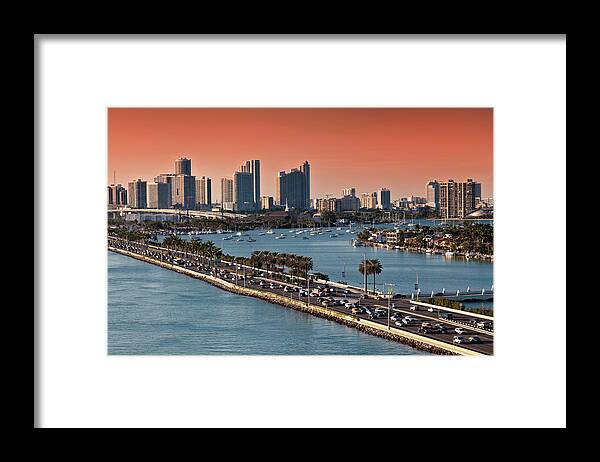 Apartment Framed Print featuring the photograph Miami Florida Skyline At Sunset by Ishootphotosllc