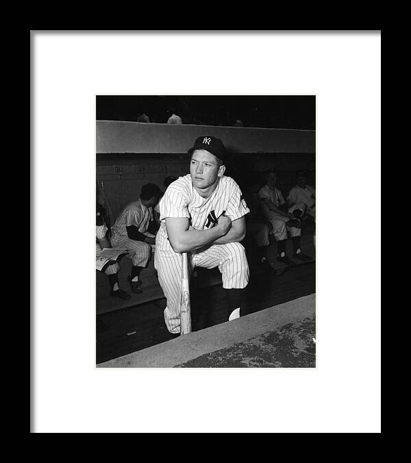 American League Baseball Framed Print featuring the photograph Mickey Mantle In Yankee Dugout by Frederic Lewis