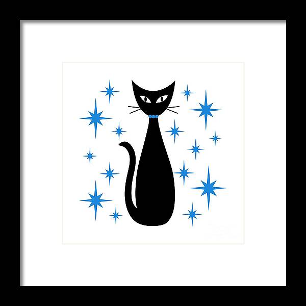 Mid Century Modern Framed Print featuring the digital art Mid Century Cat with Blue Starbursts by Donna Mibus