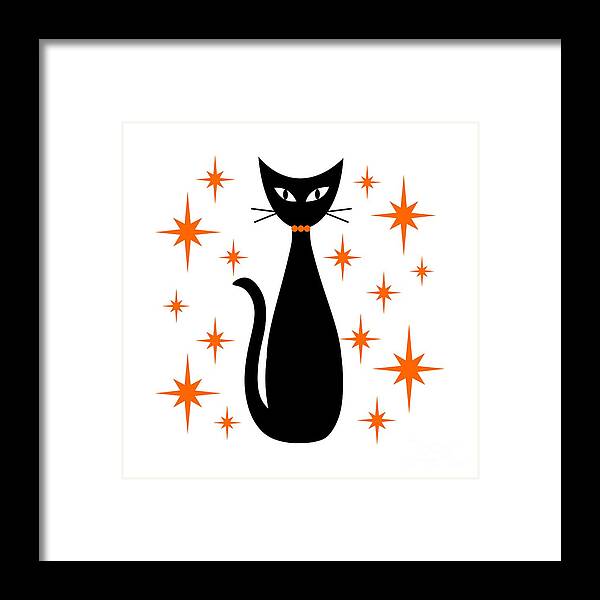 Mid Century Modern Framed Print featuring the digital art Mid Century Cat with Orange Starbursts by Donna Mibus